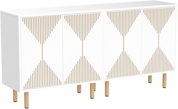 White Sideboard Buffet Cabinet, Modern Storage Cabinet with 4 Doors, Cupboard Console Table for Dining Room Living Room - LeafyLoom