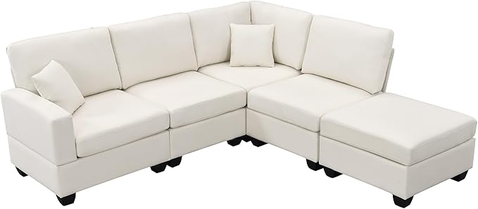 89.8" Modern Sectional Sofa with Convertible Ottoman and 2 Pillows,L-Shape Linen Fabric Corner Couch 5 Set W/Back & Cushion,can Hold up to 330 Lbs,for Apartment,Living Room,Beige - LeafyLoom