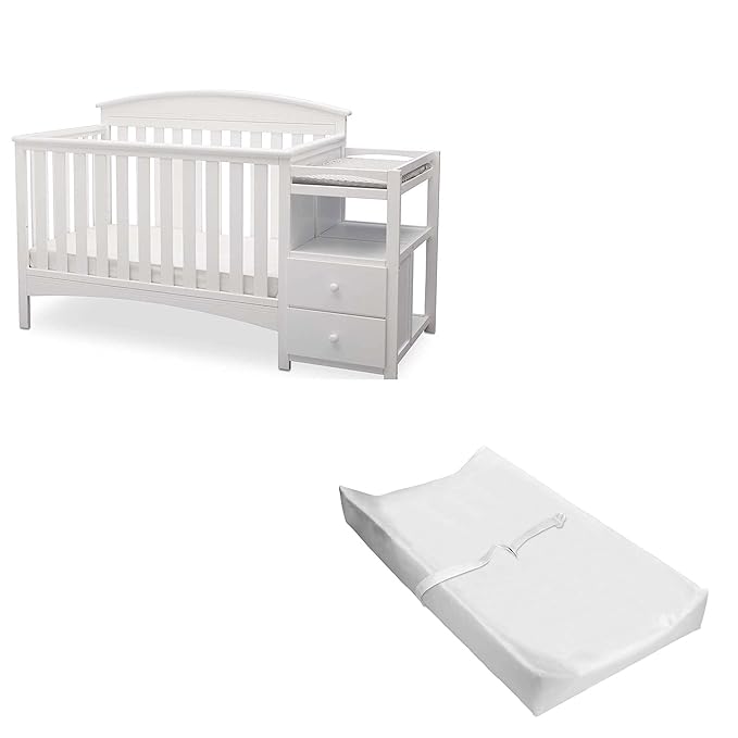 Delta Children Abby Convertible Crib 'N' Changer + Changing Pad and Cover [Bundle], Bianca - LeafyLoom