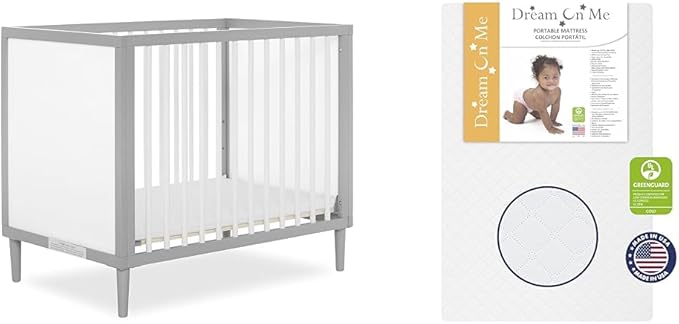 Lucas Mini Modern Crib with Rounded Spindles & Sunset 3” Extra Firm Fiber Crib Mattress, Greenguard Gold Certified, Waterproof Vinyl Cover, Baby Mattresses for Cribs - LeafyLoom