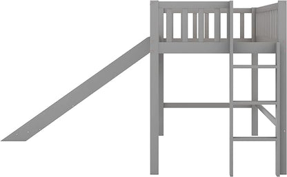 Merax Twin Wood Junior Low Loft Bed Frame with Slide Loft Bed with Full Length Guardrails for Kids Girls Boys,Gray - LeafyLoom