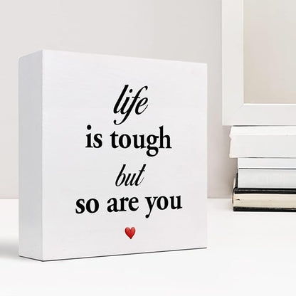 Life Is Tough but so Are You Wooden Sign,Inspirational Wooden Box Sign,Motivational Quotes Desk Decor,Positive Wood Signs,Funny Office Signs for Desk - LeafyLoom