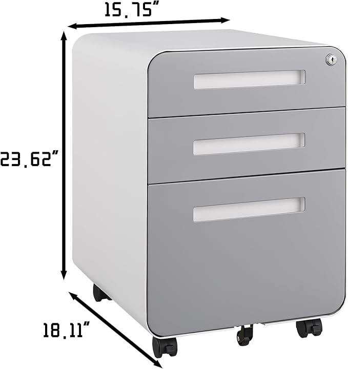 3 Drawer Mobile Desk Office with Lock and Wheels,Versatile Storage Cabinets w/Anti-Tilting Cold Rolled Steel Waterproof Moisture-Proof,for Legal/Letter/A4 Files,White+Gray - LeafyLoom