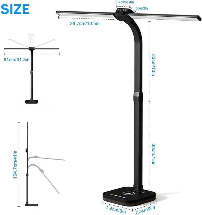 Black Desk Lamp for Office Gaming,Double Head Light for Home＆Office，Adjustable Light Mode and Brightness，Adjustable Height＆Angle in Metal Polwith Wireless Charger＆2 USB and 1 Type-c Ports - LeafyLoom