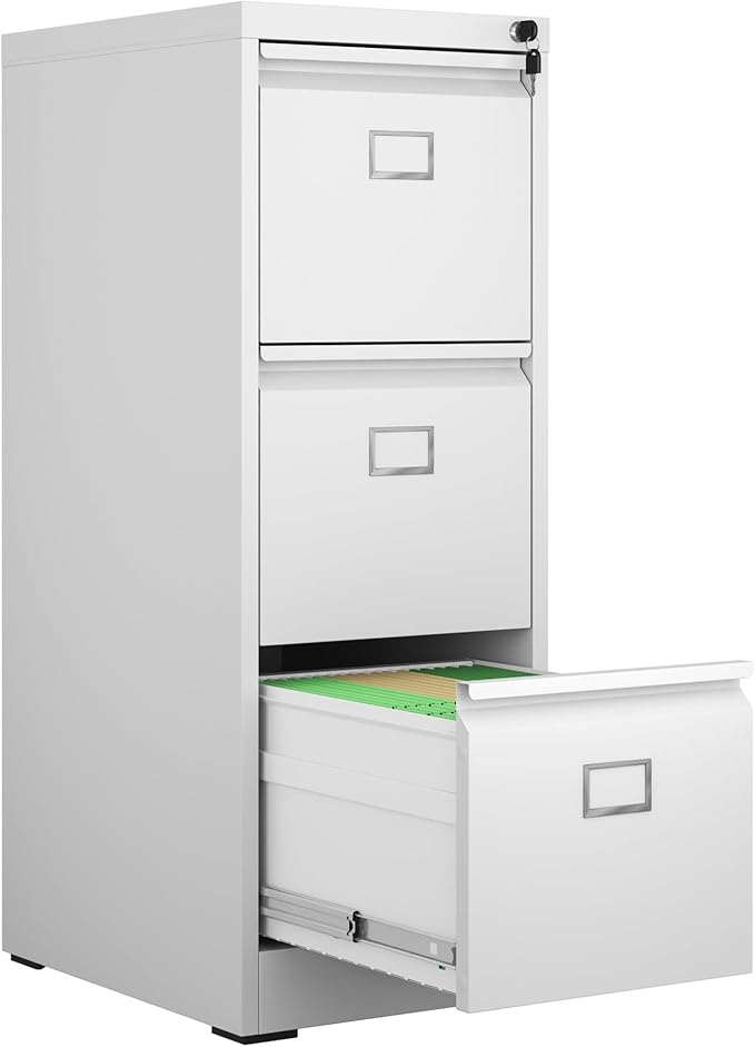 3 Drawer File Cabinet, Metal Vertical File Cabinets with Lock for Home Office, Office Steel Filing Cabinet for Hanging Files for A4/ Legal/Letter,Assembly Required (White) - LeafyLoom