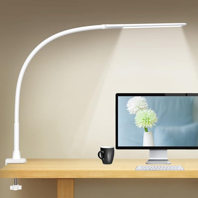 YOUKOYI LED Desk Lamp with Clamp,Flexible Gooseneck Architect Table Lamp - 5 Brightness Levels & 4 Color Modes, Touch Control, Eye-Care 10W Desk Light for Home/Office/Reading/Work(White) - LeafyLoom