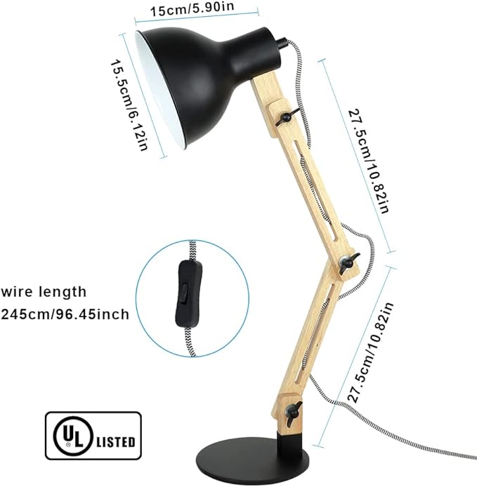 DLLT Swing Arm Desk Lamp, Wood Adjustable Gooseneck Table Lamp, Modern Architect Desk Light, Reading Light for Work, Study, Bedroom, Home Office, College Dorm, Black Metal Shade, E26 Bulb Included - LeafyLoom