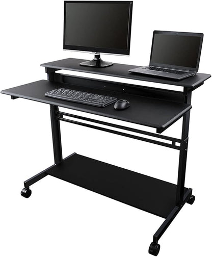 Stand Up Desk Store Rolling Adjustable Height Two Tier Standing Desk Computer Workstation (Black Frame/Black Top, 48" Wide) - LeafyLoom