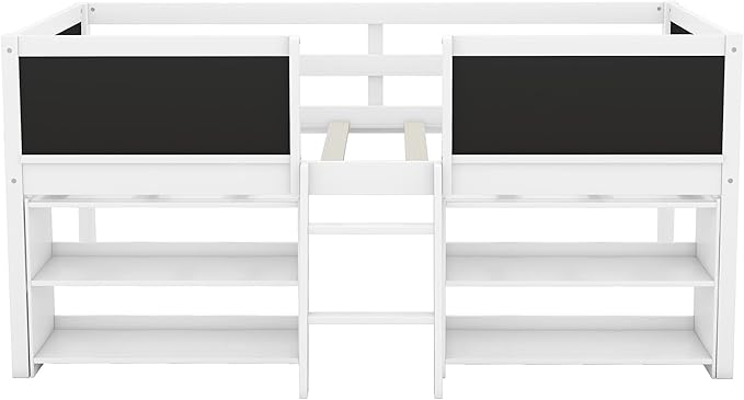 Twin Size Low loft Bed with Movable Shelves for Kids,Kids Low Loft Bed Frame with Guardrail Chalkboard and Storage,Solid Wood Loft Bed Twin for Boys,Girls (White) - LeafyLoom