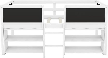 Twin Size Low loft Bed with Movable Shelves for Kids,Kids Low Loft Bed Frame with Guardrail Chalkboard and Storage,Solid Wood Loft Bed Twin for Boys,Girls (White) - LeafyLoom