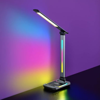 WILIT LED RGB Gaming Desk Lamp, Voice Activated Changing Colors Rhythm Light with Wireless Charger and USB Charging Port, Colorful Ambient Light Touch Table Lamp for Gaming, PC, Room Decoration - LeafyLoom