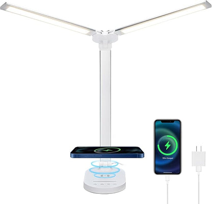 Lightess LED Desk Lamp with Wireless Charger, USB Charging Port - Dual Swing Arm Dimmable LED Desk Light with Night Light, Foldable Desk Lamp, Touch Control Table Lamp for College Dorm Room Bedroom - LeafyLoom