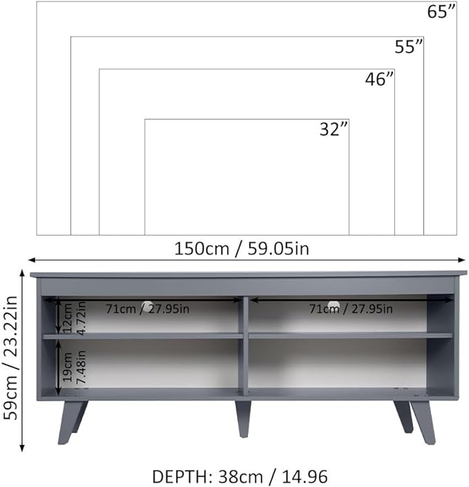 Madesa TV Stand with 4 Shelves and Cable Management, Entertainment Center for TVs up to 65 Inches, Wood, 23'' H x 15'' D x 59'' L – Grey - LeafyLoom