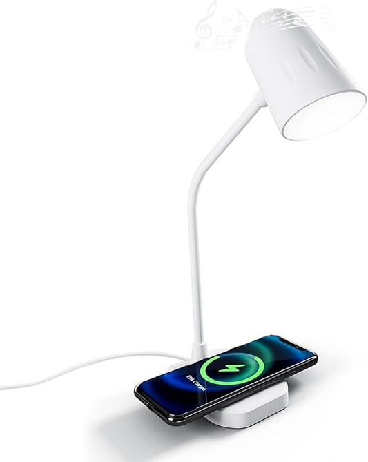 M2 Modern Desk Lamp with 10W Wireless Charging, Bluetooth Speaker, Adjustable Multi-Angle Illumination, 3 Light Color Modes, Dimmable Brightness - Perfect for Office Desk or Bedroom Nightstand(White) - LeafyLoom