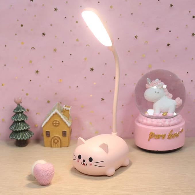 Kids Lamp, LED Desk Lamp for Kids, Cute Cat Lamp Kawaii Desk Accessories, Flexible Gooseneck Eye-Care Cartoons Small Desk Lamp Girls Gifts (Pink) - LeafyLoom