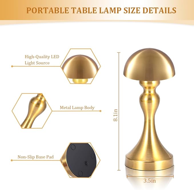 Portable LED Table Lamp, 3-Levels Brightness Metal Desk Lamp, 3 Color Touch Control Rechargeable Lamp, Night Light, Bedside Lamp,Dining Room Lamp (Gold) - LeafyLoom