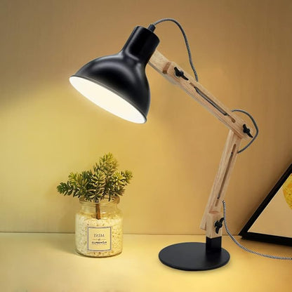 DLLT Swing Arm Desk Lamp, Wood Adjustable Gooseneck Table Lamp, Modern Architect Desk Light, Reading Light for Work, Study, Bedroom, Home Office, College Dorm, Black Metal Shade, E26 Bulb Included - LeafyLoom