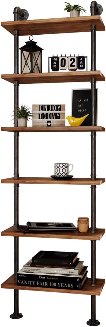 Industrial Pipe Bookshelves Rustic Wall Ladder Bookshelf Display Storage Stand Shelf Bookcase for Living Room, Kitchen, Office (6 Tier) - LeafyLoom