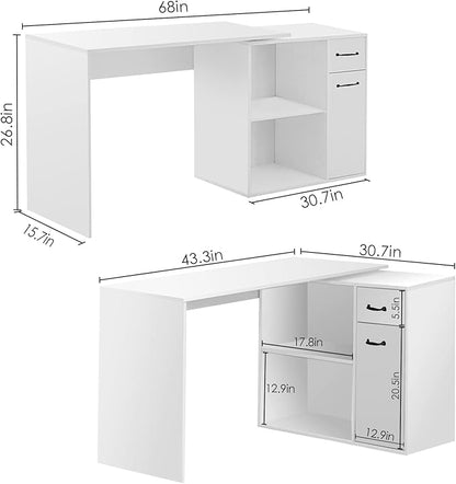 L-Shaped Rotating Computer Desk 68 inch with Storage Shelves Home Office Corner Desk with Drawers and File Cabinet Multipurpose Study Writing Table for Bedroom Small Space White - LeafyLoom