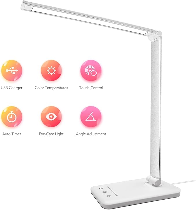 Led Desk Lamp, Desk Lamp with USB Charging Port, 5 Color Modes, 10 Brightness, Natural Light, Eye Caring Reading Lamp, Desk Light for Home Office, Table Lamp, Touch Control, Auto-Timer, White - LeafyLoom