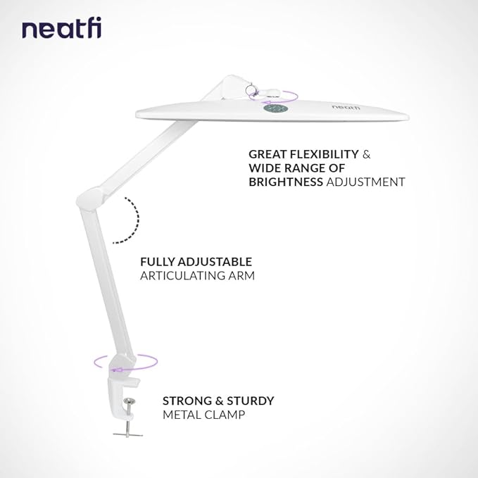 Neatfi Elite HD XL Task Lamp, 3 Adjustable Light Modes, 22 Inches Wide, 2260 Lumens, 84PCS SMD LED, Super Bright Desk Lamp, Non-Polar Dimming (CCT with Clamp, White, 22 Inches) - LeafyLoom