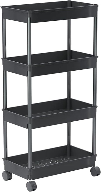 Sooyee 4 Tier Wide Storage Cart Mobile Shelving Unit Organizer Slide Out Storage Rolling Utility Cart Tower Rack for Kitchen Bathroom Laundry, Plastic & Stainless Steel,Black - LeafyLoom