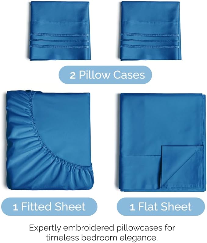 Queen Size 4 Piece Sheet Set - Comfy Breathable & Cooling Sheets - Hotel Luxury Bed Sheets for Women & Men - Deep Pockets, Easy-Fit, Soft & Wrinkle Free Sheets - Royal Blue Oeko-Tex Bed Sheet Set - LeafyLoom