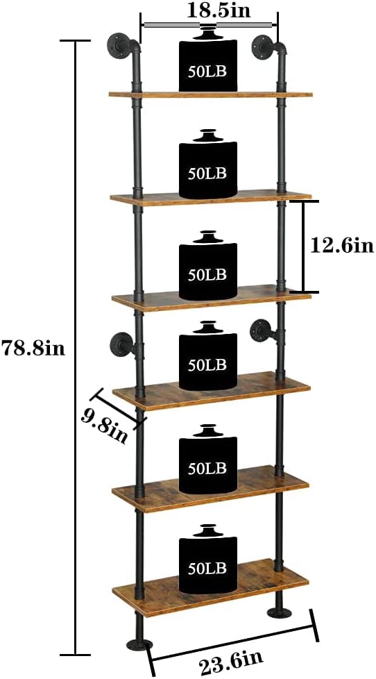 6-Tier Industrial Pipe Shelves Shelf Shelving Rustic Wood Metal Wrought Iron Ladder Bookcase Bookshelf Wall Mounted Mount DIY Loft Vintage Floating Hanging Storage Display (23.6x9.8x78.7”) - LeafyLoom