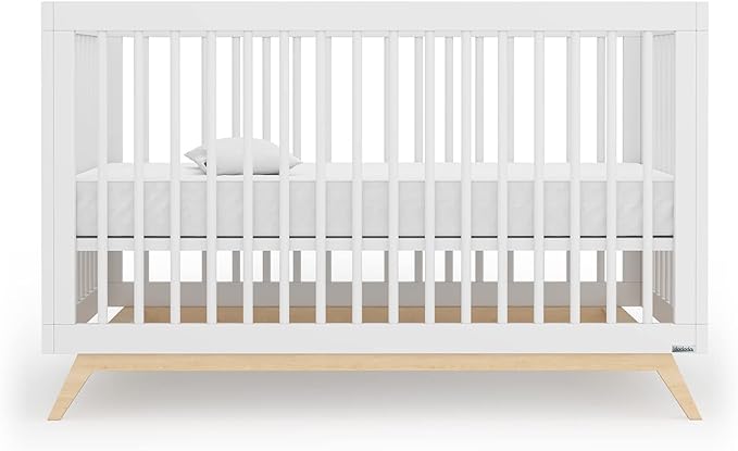 dadada Baby Soho 3-in-1 Convertible Crib – Made in Italy, GREENGUARD Gold, Adjustable Mattress Height, Solid Beechwood – Baby-Safe Finish, Modern Design 53.15 x 29.95 x 36.7 in (White + Natural) - LeafyLoom