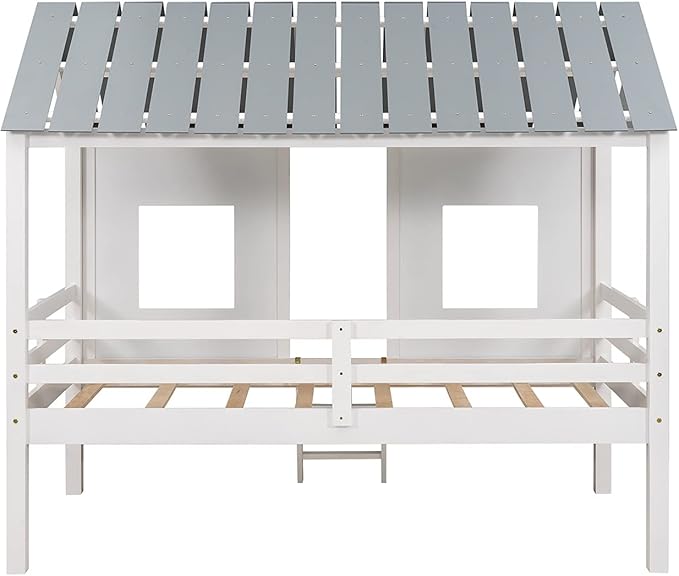 Twin Size Low Loft House Bed with Roof and Two Front Windows, Perfect for Kids Bedroom,Space Saving Design & No Box Spring Needed,80.4"x45.2"x71.4", White - LeafyLoom