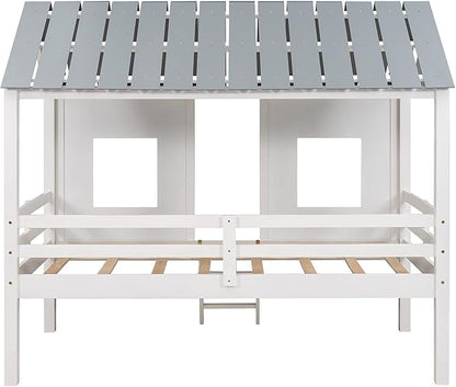 Twin Size Low Loft House Bed with Roof and Two Front Windows, Perfect for Kids Bedroom,Space Saving Design & No Box Spring Needed,80.4"x45.2"x71.4", White - LeafyLoom