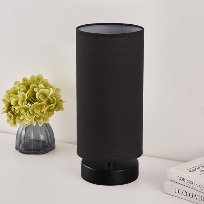 Table Lamp, Bedside Nightstand Lamp, Simple Desk Lamp, Cylinder Table Lamp for Bedroom Living Room Office Study, Black Shade and Silver Base - LeafyLoom