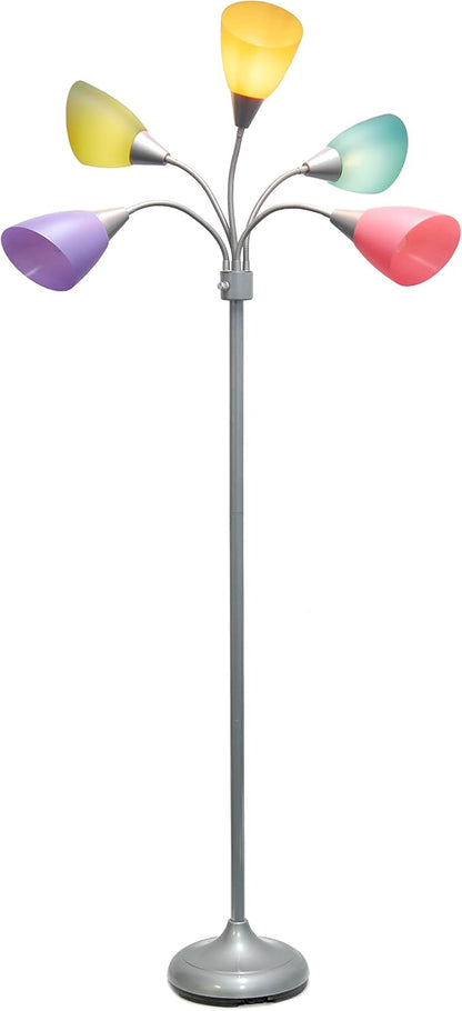 Simple Designs LF2006-SLM 67" Contemporary Multi Head Medusa 5 Light Adjustable Gooseneck Silver Floor Lamp with Fun Light Multicolored Shades for Kids Bedroom Playroom Living Room Office - LeafyLoom