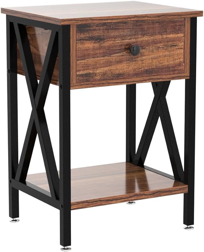 VECELO Night Stands for Bedroom Nightstand Bedside End Tables with Drawer Storage, (Set of 2), Rustic Brown - LeafyLoom