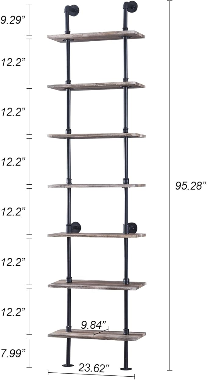 HOMBAZAAR Industrial Bookshelf, 7-Tier Industrial Pipe Bookshelf, Wall Mounted Ladder Shelves with Metal Frame for Home Office, Living Room, Oak Brown - LeafyLoom