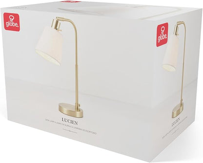 Globe Electric 61000057 16" Desk Lamp, Matte Brass Finish, White Linen Shade, Pivot Joint, On/Off Rotary Switch on Socket, E26 Base Bulb, Lamp for Living Room, Home Office, Home Improvement - LeafyLoom