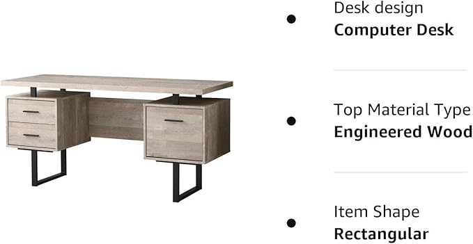 Monarch Specialties Computer Desk with Drawers - Contemporary Style - Home & Office Computer Desk with Metal Legs - 60"L (Taupe Reclaimed Wood Look) - LeafyLoom