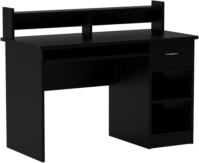 OneSpace Essential Computer Desk, Hutch with Pull-Out Keyboard, Black - LeafyLoom