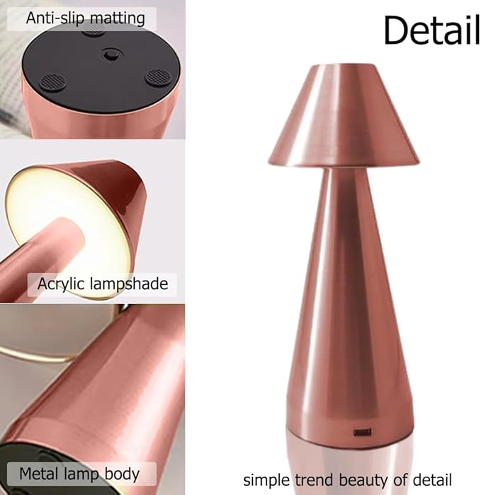 Portable Metal Desk Lamp, Cordless Metal LED Table Lamp,3 Color Touch Control Rechargeable Lamp,3-Levels Brightness Room Decor Desk Lamp,Bedside Lamp,Dining Room Lamp (Rose Gold) - LeafyLoom