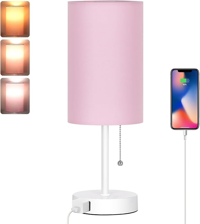 Dott Arts Table Lamp for Bedroom, 3-Color Bedside Lamps with Pull Chain, Bedroom Table Lamps for Nightstand,Small Lamp for Living Room, Bulb Included Pink - LeafyLoom