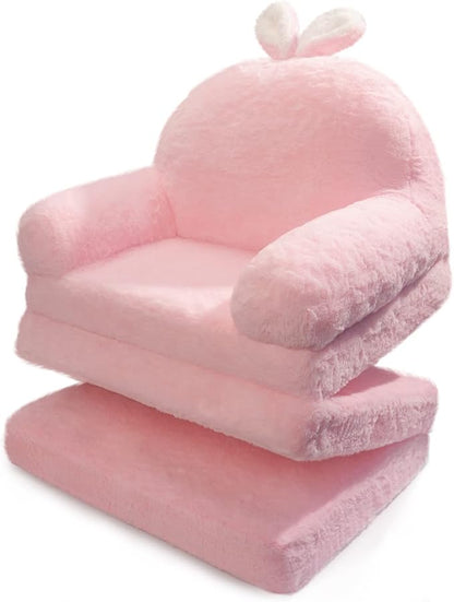 Kids Couch Fold Out Soft Toddler Chairs,Toddler Armrest Chair Bed for Play,Gift for 0-3 Years,Pink Bunny - LeafyLoom