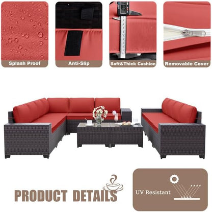 Patio Furniture Set Sofa 12-Pieces Wicker Sectional Sofa Set, Outdoor Furniture Rattan Patio Conversation Set with Thickened Cushions and Glass Coffee Tables, Red - LeafyLoom