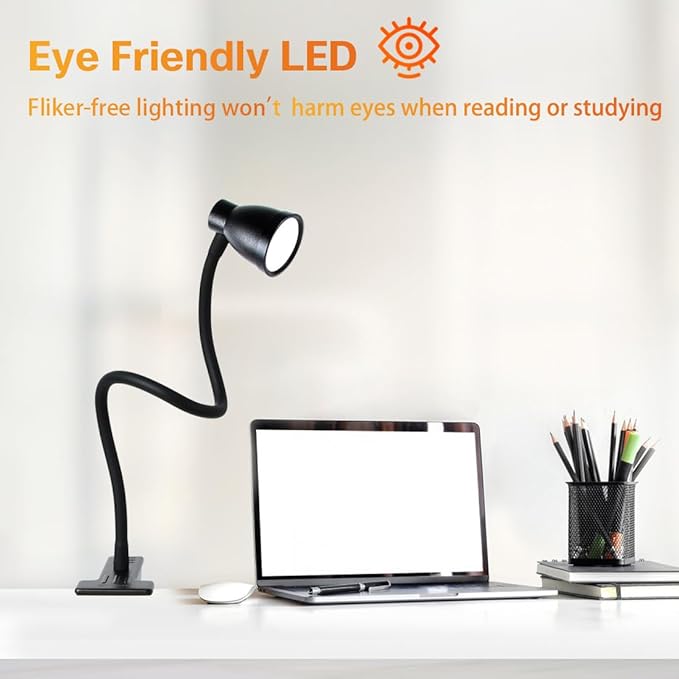 Clamp Desk Lamp, Clip on Reading Light, 3000-6500K Adjustable Color Temperature, 6 Illumination Modes, 10 Led Beads (Black) - LeafyLoom