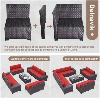 Patio Furniture Set Sofa 12-Pieces Wicker Sectional Sofa Set, Outdoor Furniture Rattan Patio Conversation Set with Thickened Cushions and Glass Coffee Tables, Red - LeafyLoom