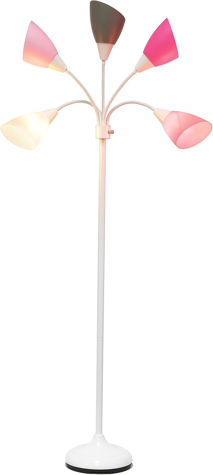 Simple Designs LF2006-WPG 67" Contemporary Multi Head Medusa 5 Light Adjustable Gooseneck White Floor Lamp with Pink, White, Gray Shades for Kids Bedroom Playroom Living Room Office, 30 x 10 x 67 - LeafyLoom