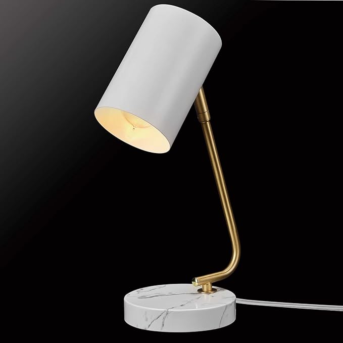 Globe Electric Novogratz x 65784 Athena 15" Desk Lamp, White Shade, Brass Arm, White Faux Marble Base - LeafyLoom