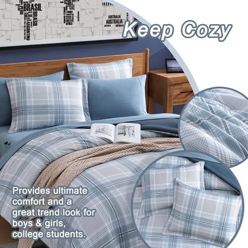 Blue Comforters Queen Size, Plaid Queen Bedding Sets for Boys & Girls,Classic Homestead-Style Bed in A Bag Queen with Sheets and Comforter Set (Light Blue,Queen,90"*90") - LeafyLoom