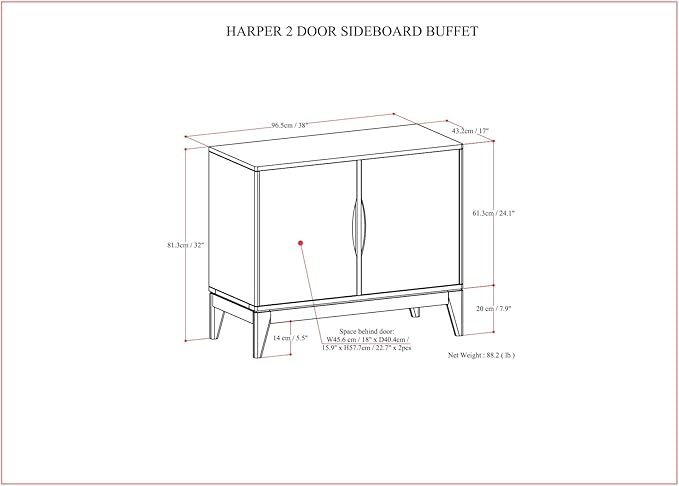 SIMPLIHOME Harper Solid Hardwood and Rubberwood 38 inch x 17 inch Rectangle Mid Century Modern 2 Door Sideboard Buffet/Storage Cabinet in Walnut Brown for The Dining Room and Kitchen - LeafyLoom