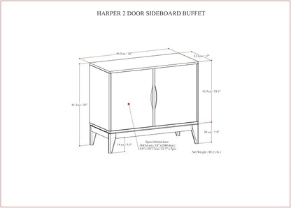 SIMPLIHOME Harper Solid Hardwood and Rubberwood 38 inch x 17 inch Rectangle Mid Century Modern 2 Door Sideboard Buffet/Storage Cabinet in Walnut Brown for The Dining Room and Kitchen - LeafyLoom