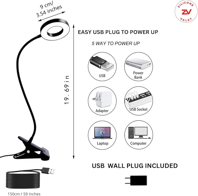 Desk Lamp with Clamp, Clip on Light, 48 LED USB Lamp with 3 Color Modes 10 Brightness Levels, 360° Flexible Gooseneck Eye Protection, Ring Light Bed Night Light for Reading With Adapter - LeafyLoom